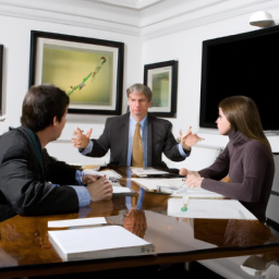 description: an image of a financial advisor discussing investment strategies with a group of clients in a conference room.