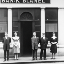 description: a group of people standing in front of a bank, with the bank's name blurred out.