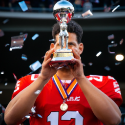 Photo of Patrick Mahomes holding the Vince Lombardi Trophy after winning Super Bowl LVII.