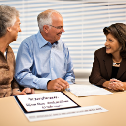 description: A couple discussing their retirement plan, with a financial advisor explaining the benefits of annuity investments.