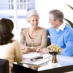 an image of a couple sitting at a table with a financial advisor, discussing retirement planning and investment options.