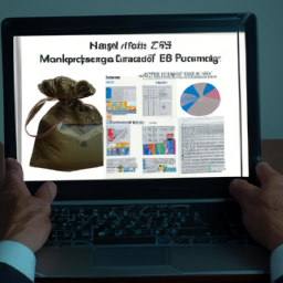 description: an anonymous image of a person holding a portfolio of investments and looking at a computer screen displaying mpi stock quotes and financial information.