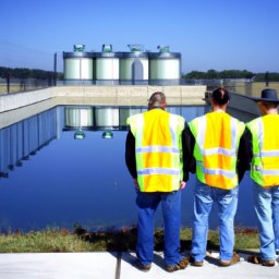a photo of a water treatment plant with workers in hard hats and reflective vests standing in front of it.