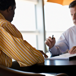 description: an image of a financial advisor sitting across from a client, discussing investment options and reviewing financial reports.