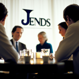 description: a group of people sitting around a table with an edward jones investments logo in the background.