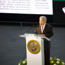 Image of Andres Manuel Lopez Obrador, Mexican President, speaking at a podium.