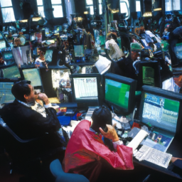 a photo of a bustling trading floor, with people in suits and ties huddled over computer screens, frantically typing away and making phone calls.