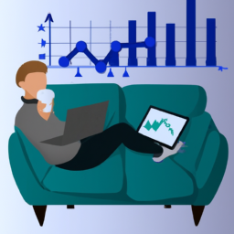description: an image of a person sitting on a couch with a laptop and a cup of coffee, surrounded by stacks of money and investment charts.