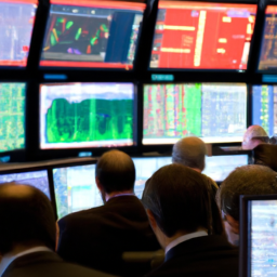 description: an anonymous image depicting a diverse group of professionals analyzing stock market data on multiple screens.