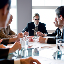 description: a group of businesspeople gathered around a conference table, discussing investment strategies.