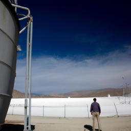 a worker stands near a large tank of geothermal brine at a lithium extraction plant in california. the plant is part of controlled thermal resources' efforts to create a sustainable lithium supply chain for the ev industry.
