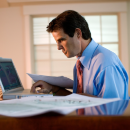 description: a person sitting at a desk with a laptop and financial documents, looking focused and determined.