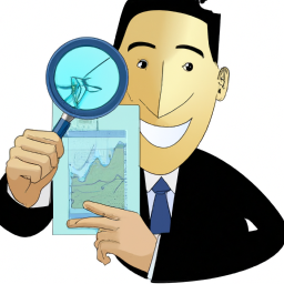a person holding a document that shows a graph of stock market index performance, with a magnifying glass on top of it. the person is smiling and wearing a suit.