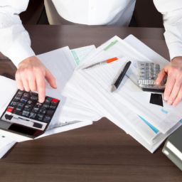a person sitting at a desk surrounded by financial documents and a calculator.