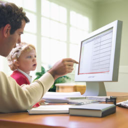 description: an image of a parent and child sitting at a table, looking at a computer screen together. the child is holding a pencil and taking notes as the parent explains different investment options. the background is blurry, focusing solely on the parent and child.