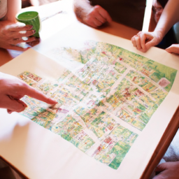 a group of people sitting around a table, looking at a map of a city and discussing potential real estate investment opportunities. one person is pointing to a particular neighborhood on the map.