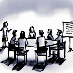 Description: An anonymous illustration of a group of people gathered around a conference table to discuss fringe benefits.