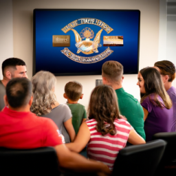 description: the image shows a group of military members and their families gathered around a computer, with a navy federal credit union logo displayed on the screen. they appear to be discussing their financial options and planning for their future.