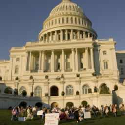 A photograph of the US Capitol with a group of people gathered outside in protest.