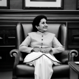 Description: A black and white image of Nirmala Sitharaman, the Union Finance Minister, seated in Parliament.