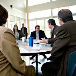 description: an anonymous image featuring a group of professionals discussing investment strategies and financial goals in a modern office setting.