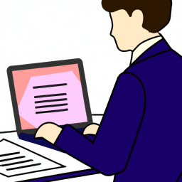 Description: An illustration of a person in a suit sitting at a desk, looking at a laptop and filling out a financial form.