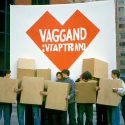description: an image of protestors holding signs outside of a vanguard office building. the protestors are wearing shirts with environmental slogans and are standing behind a barricade made of large cardboard boxes. the building in the background has the vanguard logo on it.