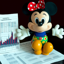description: a photo of a mickey mouse plush toy sitting on a stack of financial papers, with a chart showing disney's stock performance in the background.
