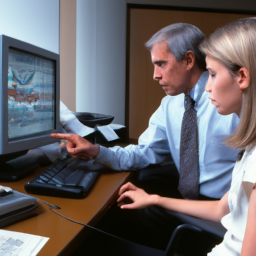 description: a person sitting with a financial advisor discussing investments and looking at a computer screen. both individuals are dressed professionally and appear to be engaged in the conversation.