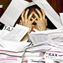 description: an anonymous person sitting at a desk surrounded by tax forms and documents, looking stressed and overwhelmed.