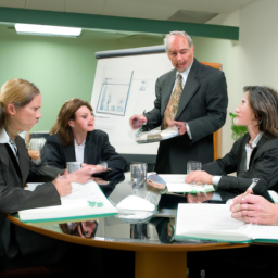description: an image of a group of business professionals discussing investment strategies in a conference room.