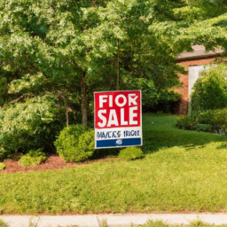 description: an anonymous image of a real estate property with a "for sale" sign in front of it, surrounded by trees and greenery.