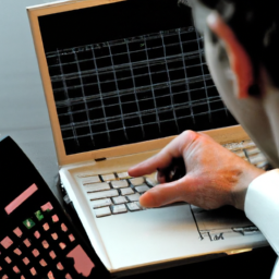 description: an anonymous person is sitting at a desk, using a laptop to input information into a stock investment calculator. the person appears focused and determined, with a serious expression on their face.