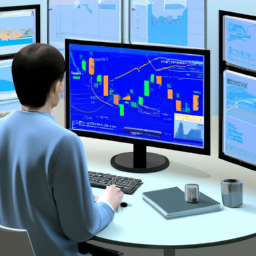 description: an image of a person sitting at a desk, looking at a computer screen with stock charts and financial data.