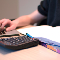 description: a photo of a person sitting at a desk with a laptop and calculator, looking focused and determined.
