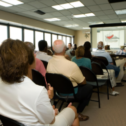 Description: A diverse group of people attending a real estate investing seminar, with an instructor pointing to a projection screen displaying investment strategies.