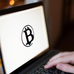 the image shows a person holding a laptop with a bitcoin logo on the screen. the background is blurred, suggesting that the person is working from home or in a coffee shop. the person appears to be focused on the laptop screen and may be researching or trading bitcoin.