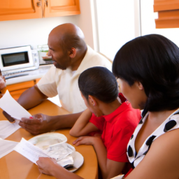 Description: An image of a family sitting at a kitchen table discussing a home equity loan.