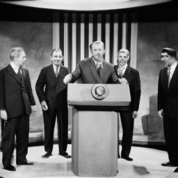 Description: A group of Republicans in suits standing in front of a podium, addressing the camera.