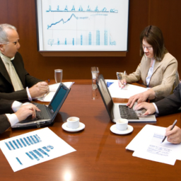 an image showing a diverse group of people discussing investment options. they are gathered around a table with charts, graphs, and laptops, indicating thorough research and collaboration.