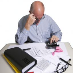 a person sitting at a desk, surrounded by papers and a calculator, looking thoughtful.