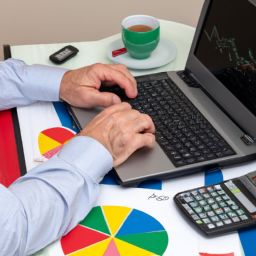 description: an anonymous individual sitting at a desk with a laptop and calculator, surrounded by financial charts and graphs.