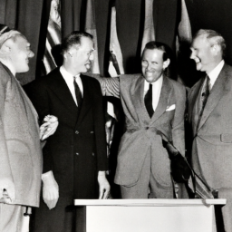 Description: A group of four politicians in suits standing in front of a podium, smiling and shaking hands.