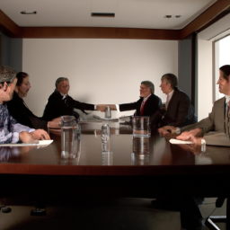 an image of a boardroom meeting with executives from blackstone and ftv capital shaking hands and smiling.