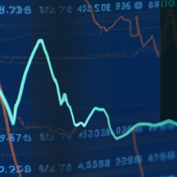 description: an anonymous image of a stock market chart with a blue line indicating an upward trend. the chart is overlaid with various ticker symbols and financial data.