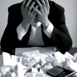 description: a person sitting at a desk, surrounded by paperwork and a calculator, looking frustrated. the person's face is not visible, making them anonymous.