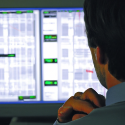 description: an anonymous image of a person looking at a computer screen with stock charts and graphs displayed on it.