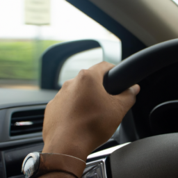 a person holding a steering wheel while looking at a dashboard display.