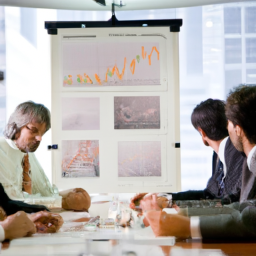description: a group of executives and investors discussing financial strategies in a boardroom, with charts and graphs on a screen in the background.