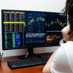  una imagen de una persona sentada frente a una computadora, revisando el comportamiento de las acciones en la bolsa de valores.